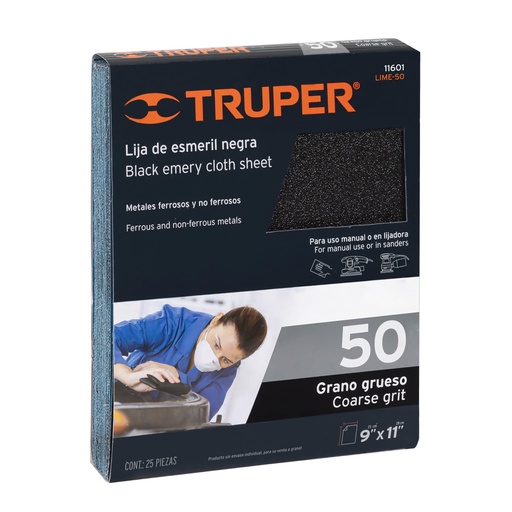 [T11601] Lija de esmeril negra grano 50 de óxido de aluminio, Truper - Pag 195