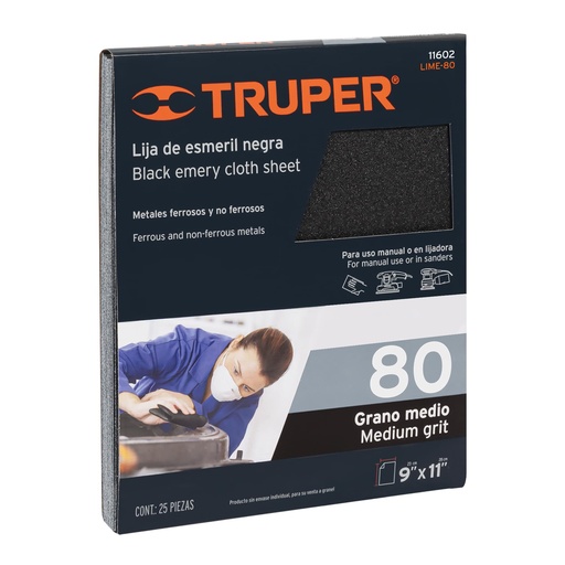 [T11602] Lija de esmeril negra grano 80 de óxido de aluminio, Truper - Pag 195
