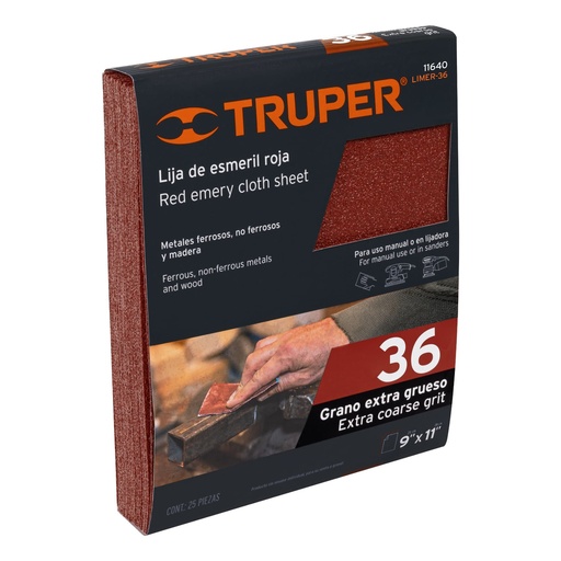 [T11640] Lija de esmeril roja grano 36 de óxido de aluminio, Truper - Pag 195