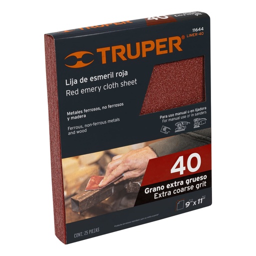 [T11644] Lija de esmeril roja grano 40 de óxido de aluminio, Truper - Pag 195