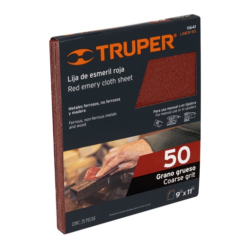 [T11641] Lija de esmeril roja grano 50 de óxido de aluminio, Truper - Pag 195