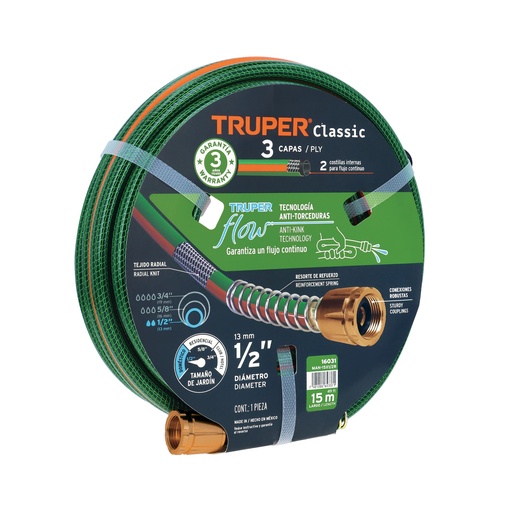 [T16031] Manguera 1/2' reforzada 3 capas 15 m conexiones de metal - Pag 228