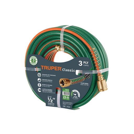 [T16033] Manguera 1/2' reforzada 3 capas 25 m conexiones de metal - Pag 296