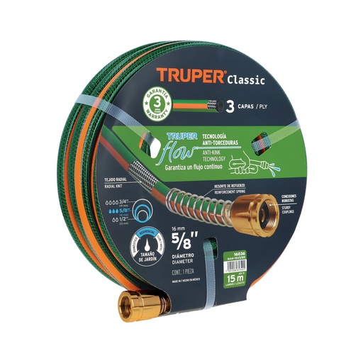 [T16036] Manguera 5/8' reforzada 3 capas 15 m conexiones de metal