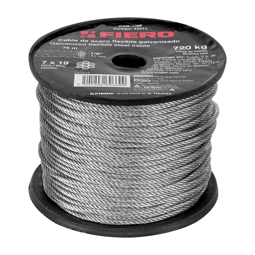 [T44211] Metro de cable flexible 1/8' de acero 7x19 hilos, 75 m - Pag 736