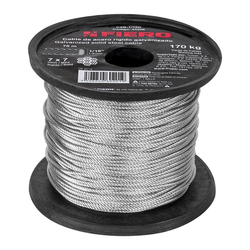 [T44208] Metro de cable rígido 1/16' de acero 7x7 hilos, 75 m, Fiero - Pag 550