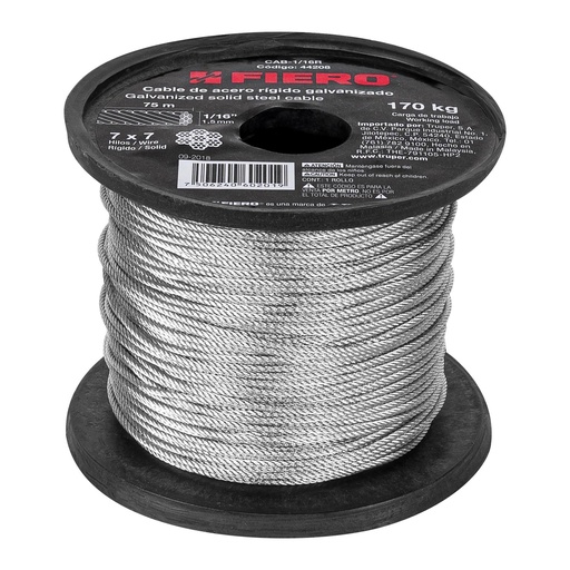 [T44208] Metro de cable rígido 1/16' de acero 7x7 hilos, 75 m, Fiero - Pag 736