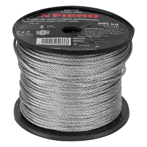 [T44205] Metro de cable rígido 1/8' de acero 7x7 hilos, 75 m, Fiero - Pag 550
