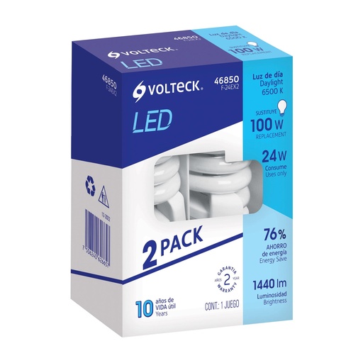 [T46850] Pack 2 lámparas espiral T4 24 W luz de día, blíster, Volteck - Pag 589