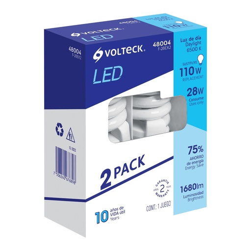 [T48004] Pack 2 lámparas espiral T4 28 W luz de día, blíster, Volteck - Pag 589